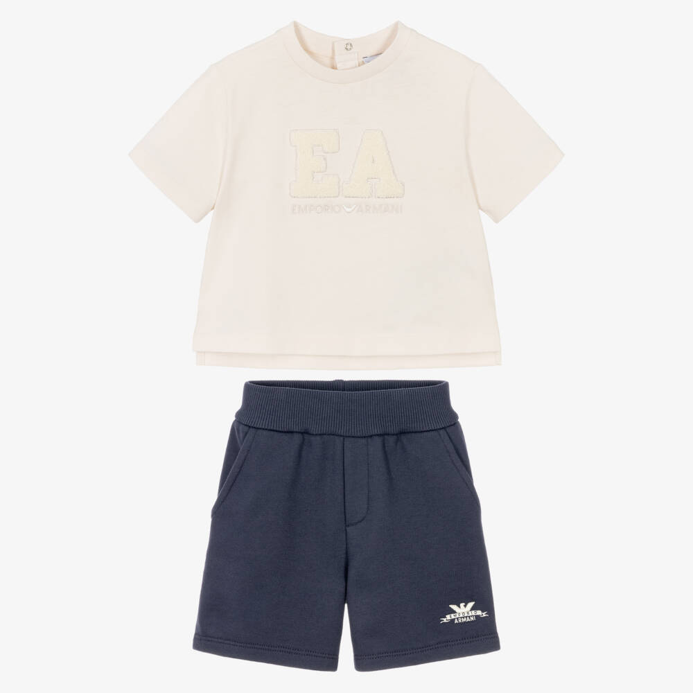 Emporio Armani-Boys Pale Beige & Blue EA Shorts Set | Childrensalon