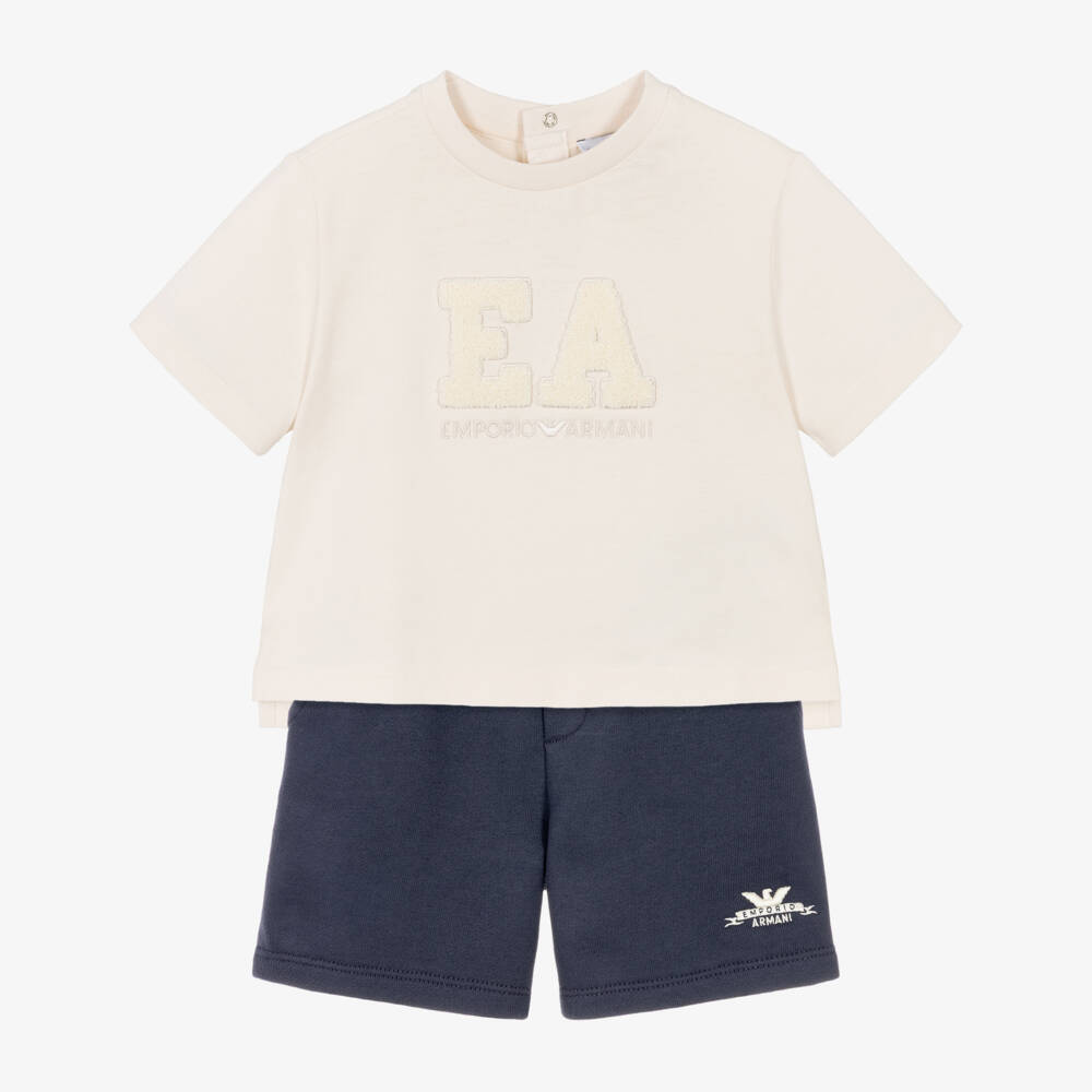 Emporio Armani-Boys Pale Beige & Blue EA Shorts Set | Childrensalon
