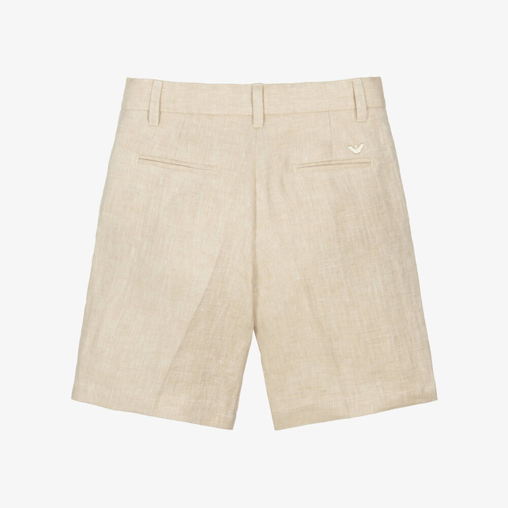 Emporio Armani-Boys Pale Beige Herringbone Linen Shorts | Childrensalon