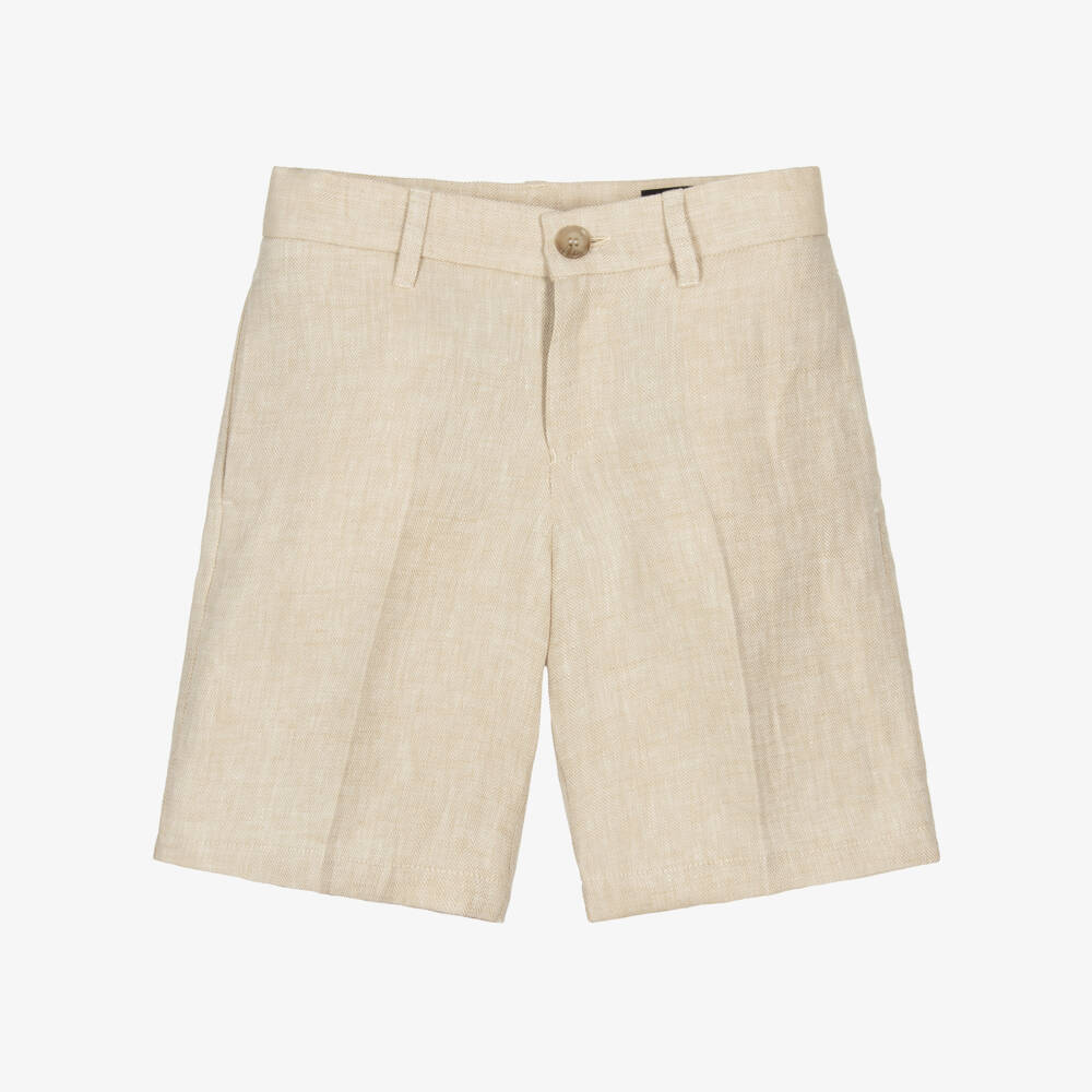 Emporio Armani-Boys Pale Beige Herringbone Linen Shorts | Childrensalon