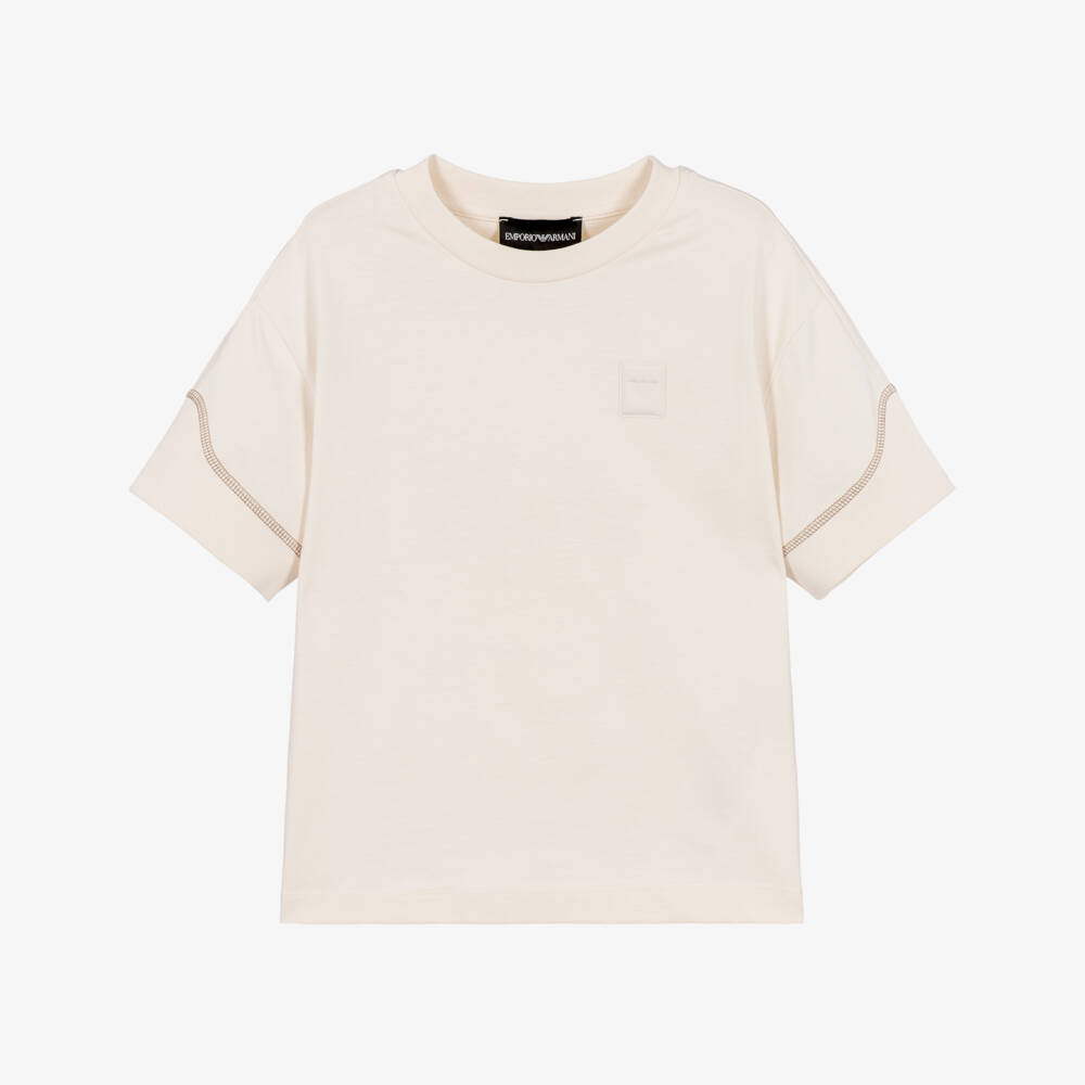 Emporio Armani-Boys Pale Beige Panelled T-Shirt | Childrensalon