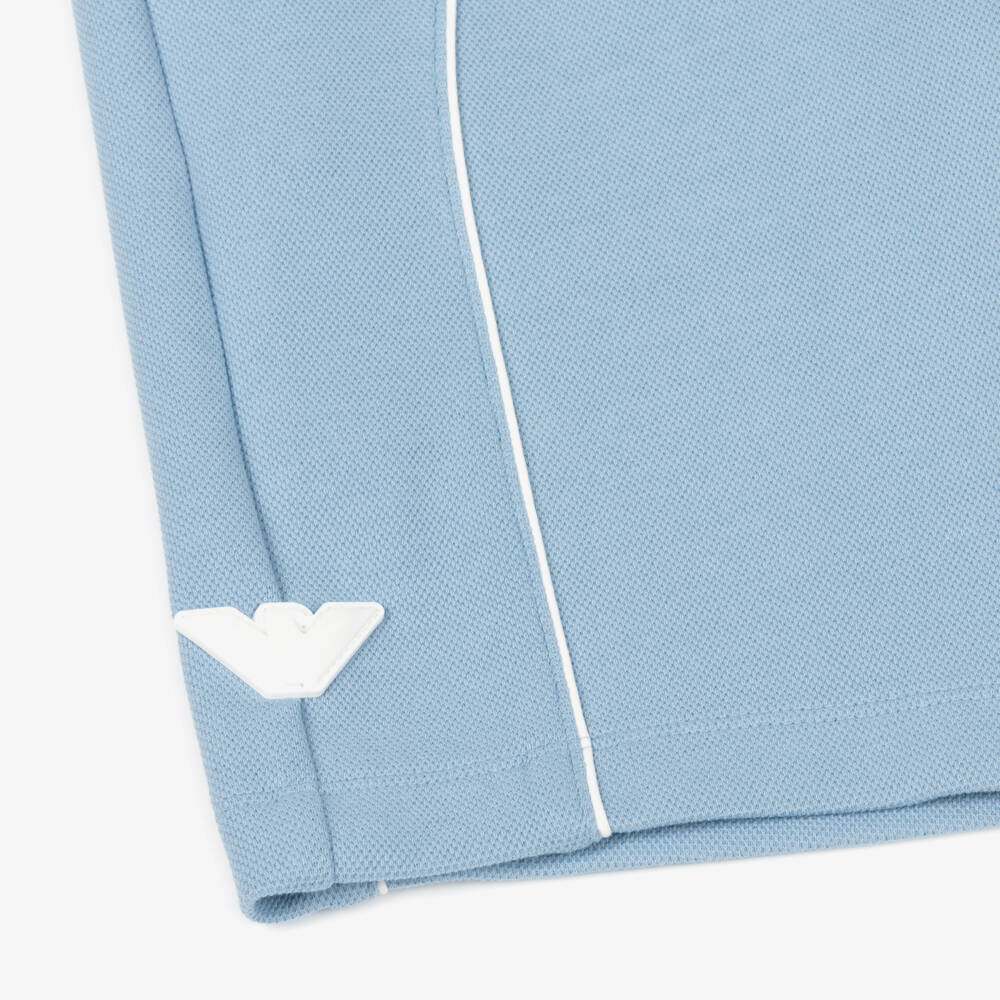 Emporio Armani-Boys Pale Blue Piqué Shorts with Rubberised Eagle Logo | Childrensalon