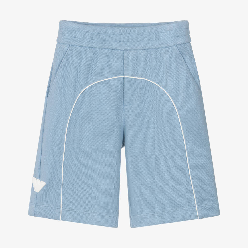 Emporio Armani-Boys Pale Blue Piqué Shorts with Rubberised Eagle Logo | Childrensalon