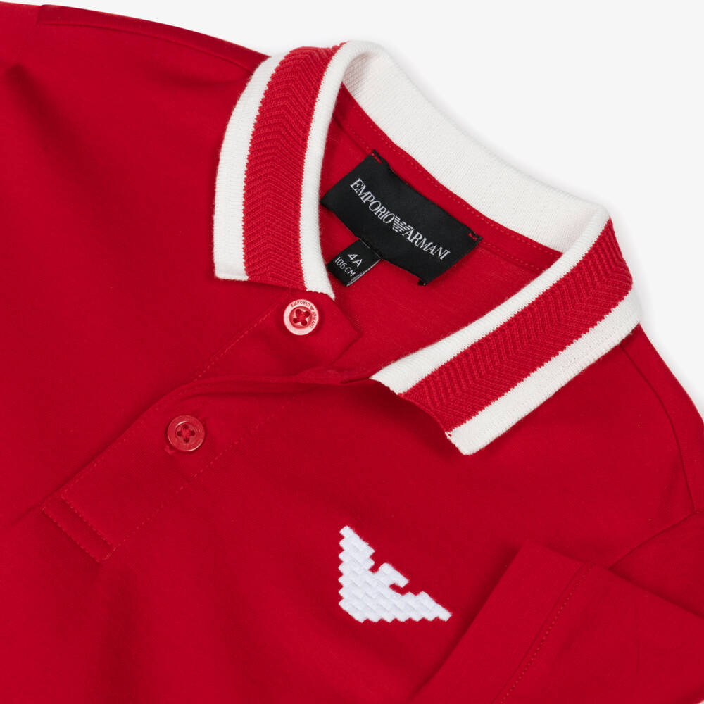 Emporio Armani-Boys Red Jersey Polo Shirt with White Embroidered Eagle Logo | Childrensalon
