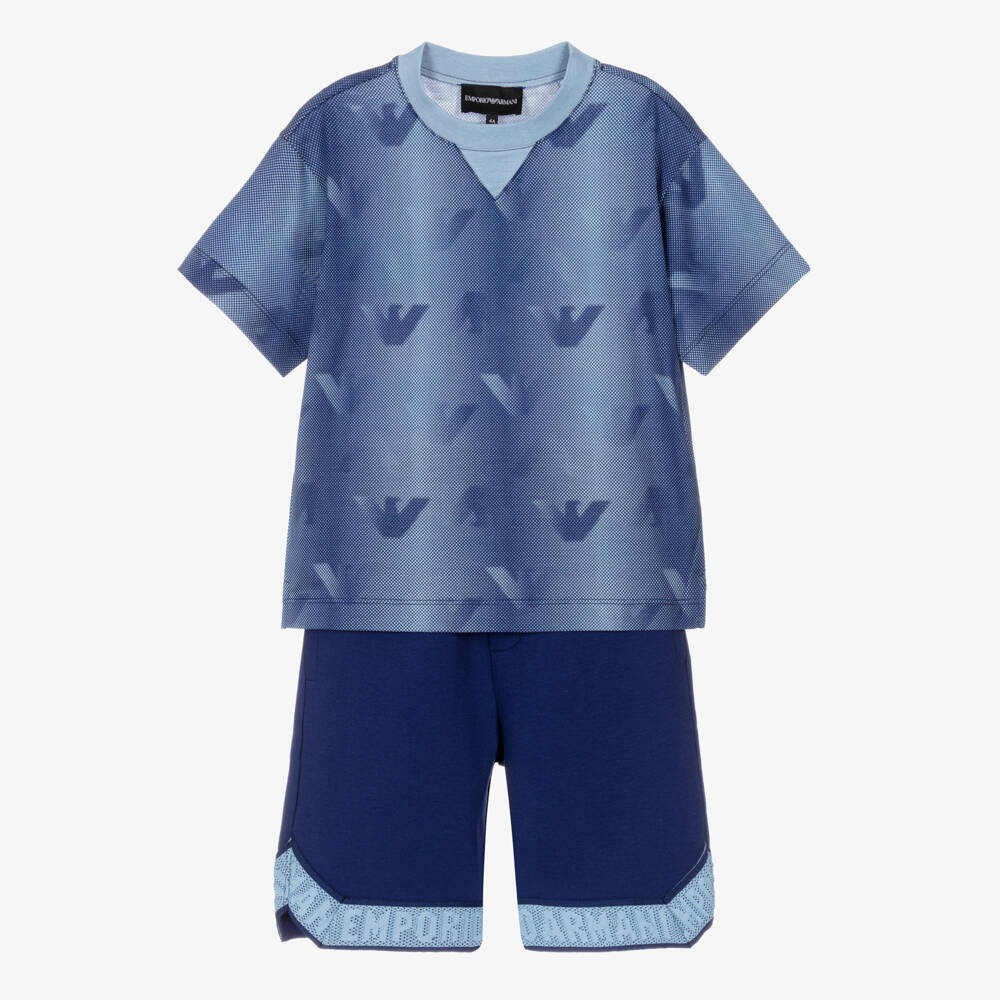Emporio Armani-Boys Sporty Blue Shorts Set with Eagle Logo Print | Childrensalon
