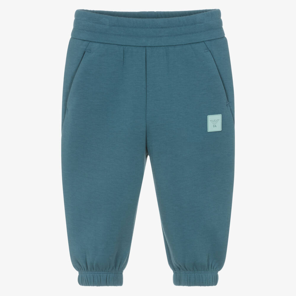 Emporio Armani-Boys Teal Blue Joggers with Rubberised Logo | Childrensalon