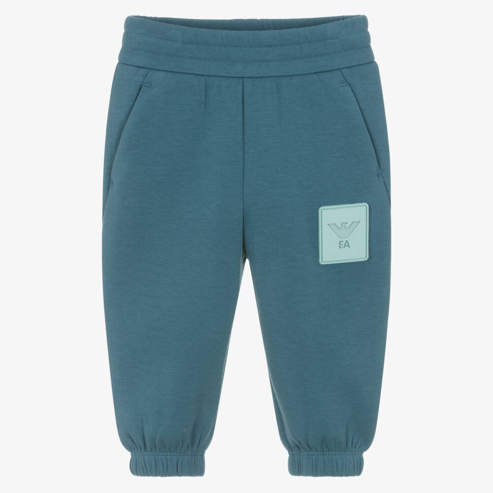 Emporio Armani-Boys Teal Blue Joggers with Rubberised Logo | Childrensalon