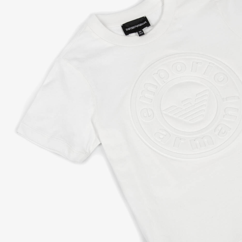 Emporio Armani - Boys White Cotton Embossed Logo T-Shirt