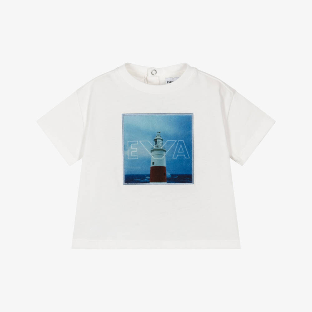 Emporio Armani-Boys White Cotton Lighthouse Graphic T-Shirt | Childrensalon