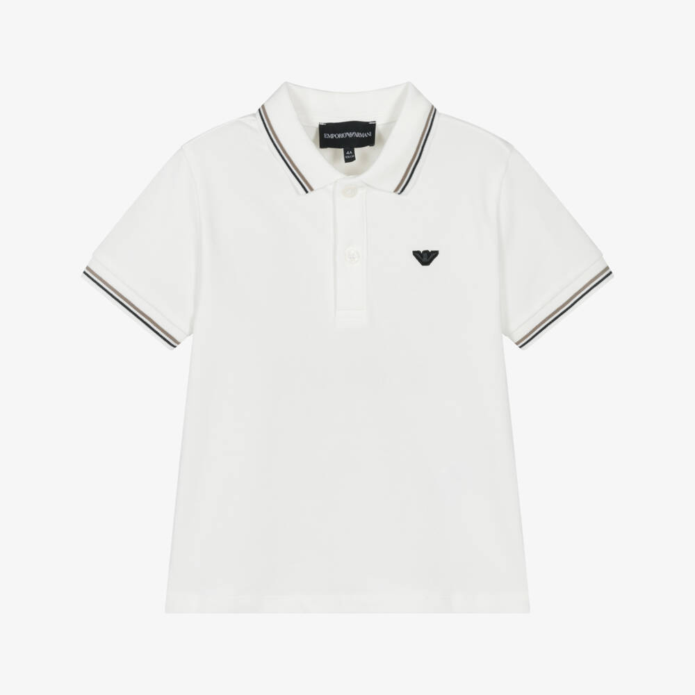 Emporio Armani-Boys White Cotton Piqué Polo Shirt with Black Eagle Logo | Childrensalon