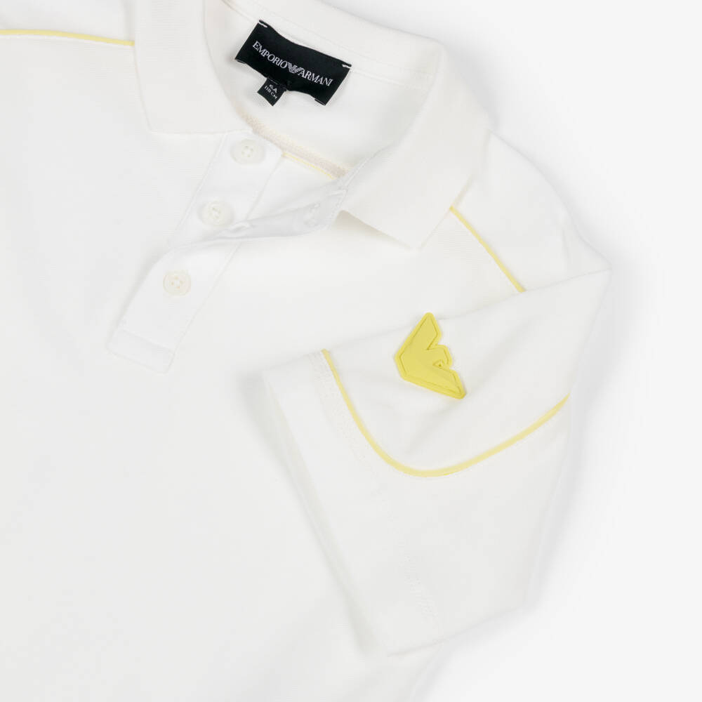 Emporio Armani-Boys White Cotton Polo Shirt with Yellow Eagle Logo | Childrensalon