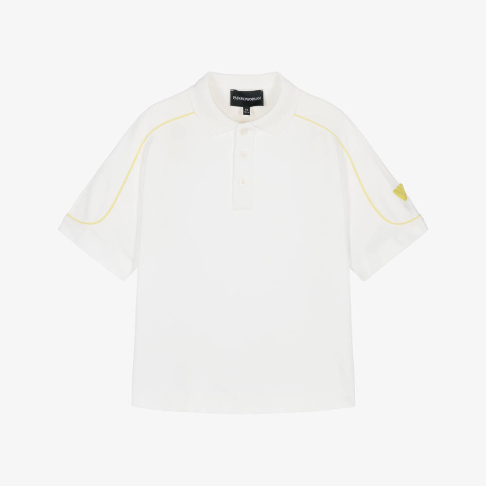 Emporio Armani-Boys White Cotton Polo Shirt with Yellow Eagle Logo | Childrensalon