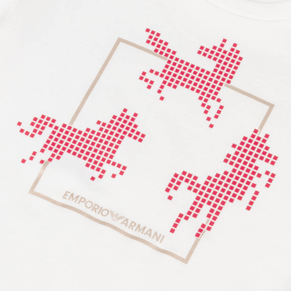 Emporio Armani-Boys White Jersey T-Shirt with Red Horses Print | Childrensalon