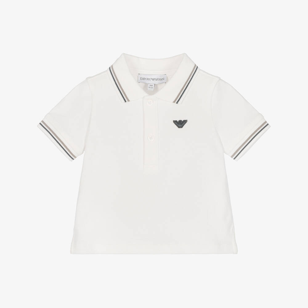 Emporio Armani-Boys White Piqué Polo Shirt with Striped Trim | Childrensalon