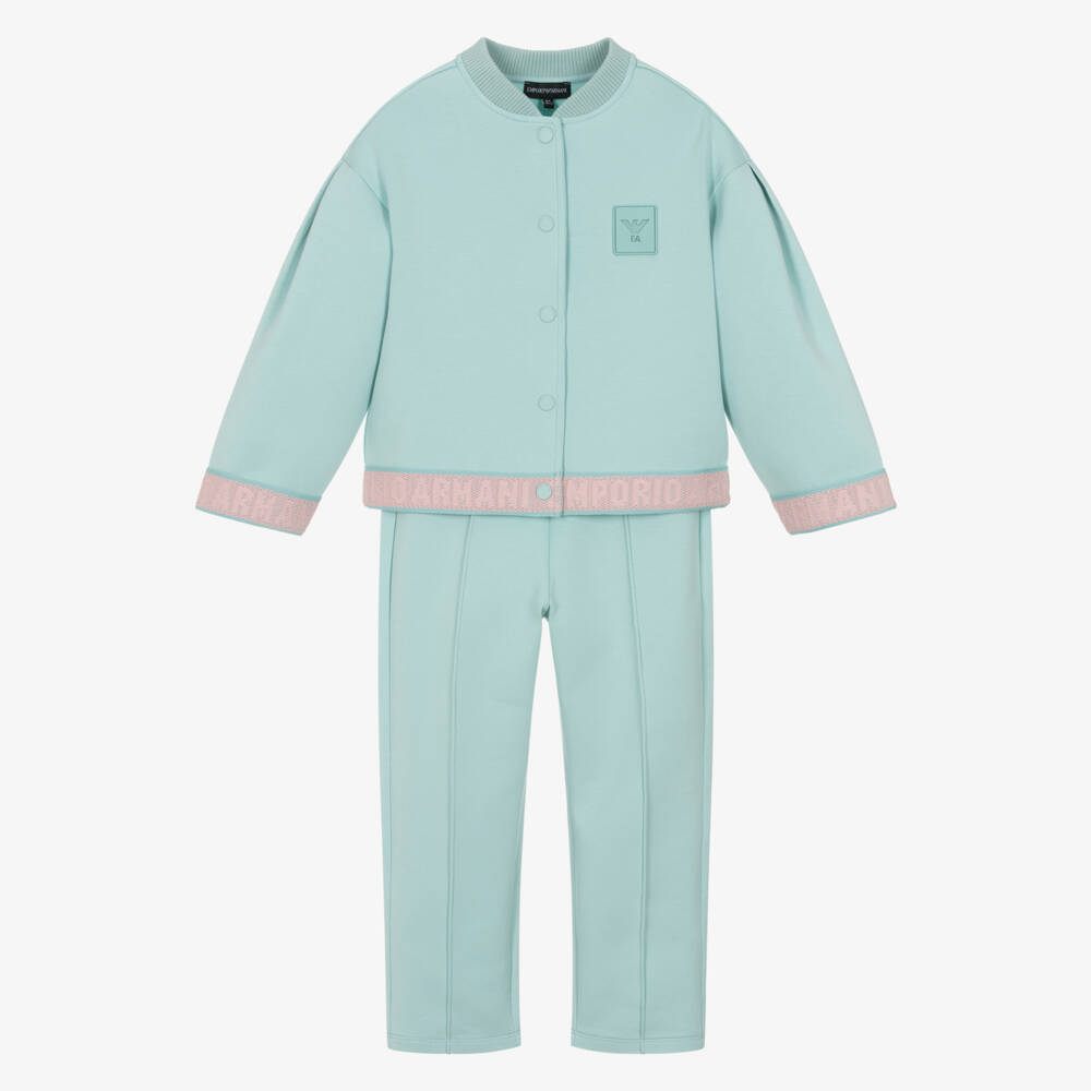 Emporio Armani-Girls Aqua Green Tracksuit with Pink Logo Trim | Childrensalon