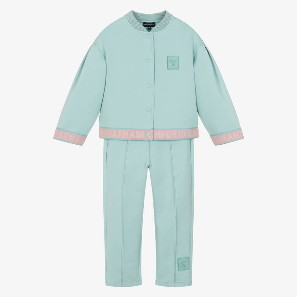 Emporio Armani-Girls Aqua Green Tracksuit with Pink Logo Trim | Childrensalon