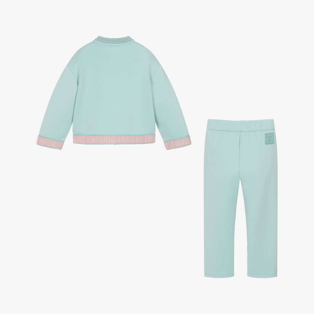 Emporio Armani-Спортивный костюм аква-зеленый с розовой отделкой c логотипом для девочек | Childrensalon