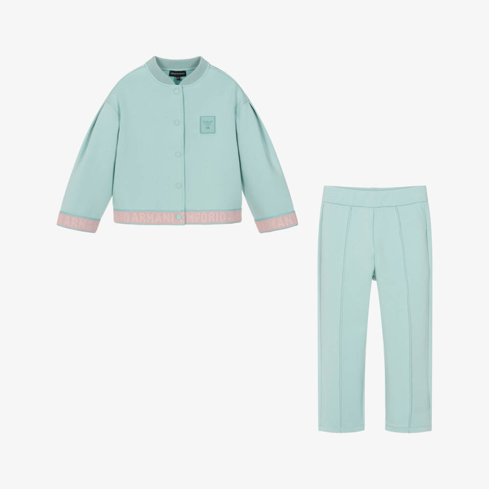 Emporio Armani-Спортивный костюм аква-зеленый с розовой отделкой c логотипом для девочек | Childrensalon