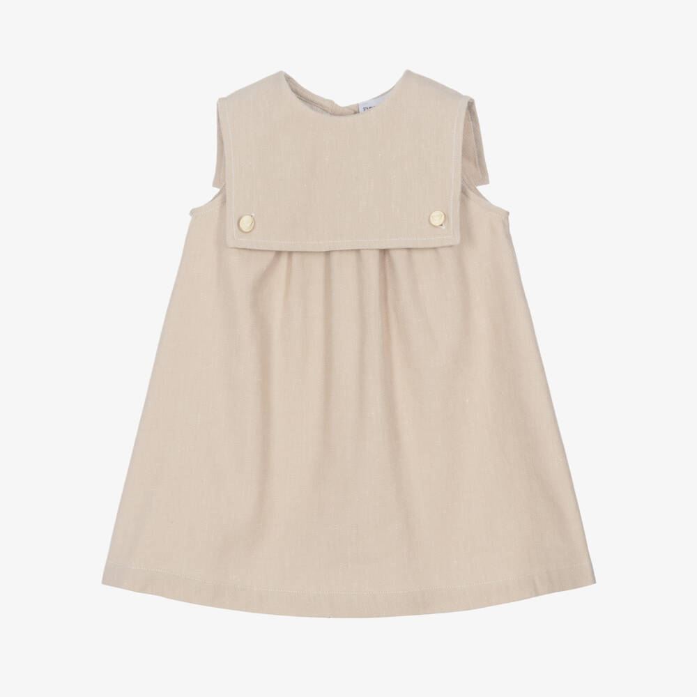 Emporio Armani-Girls Beige Dress with Sailor Collar & Branded Gold Buttons | Childrensalon