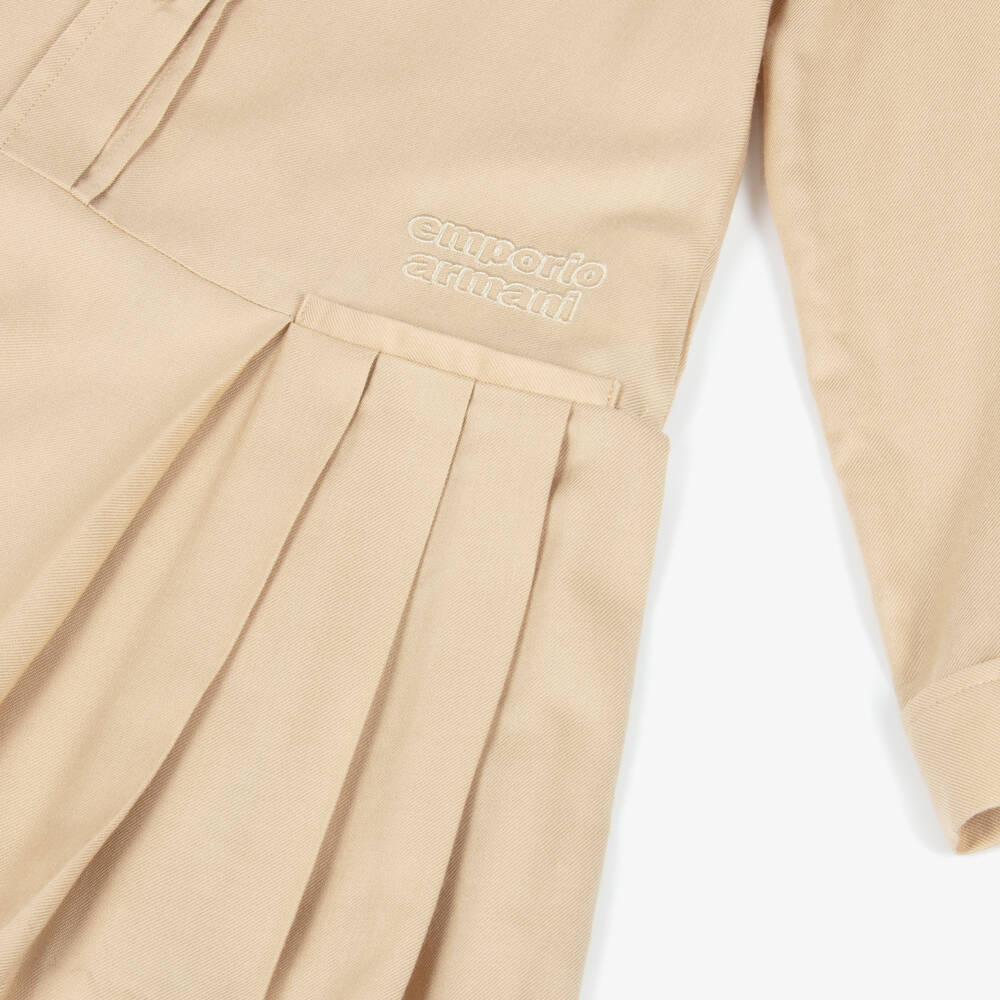 Emporio Armani-Girls Beige Dropped Waist Pleated Dress with Logo | Childrensalon