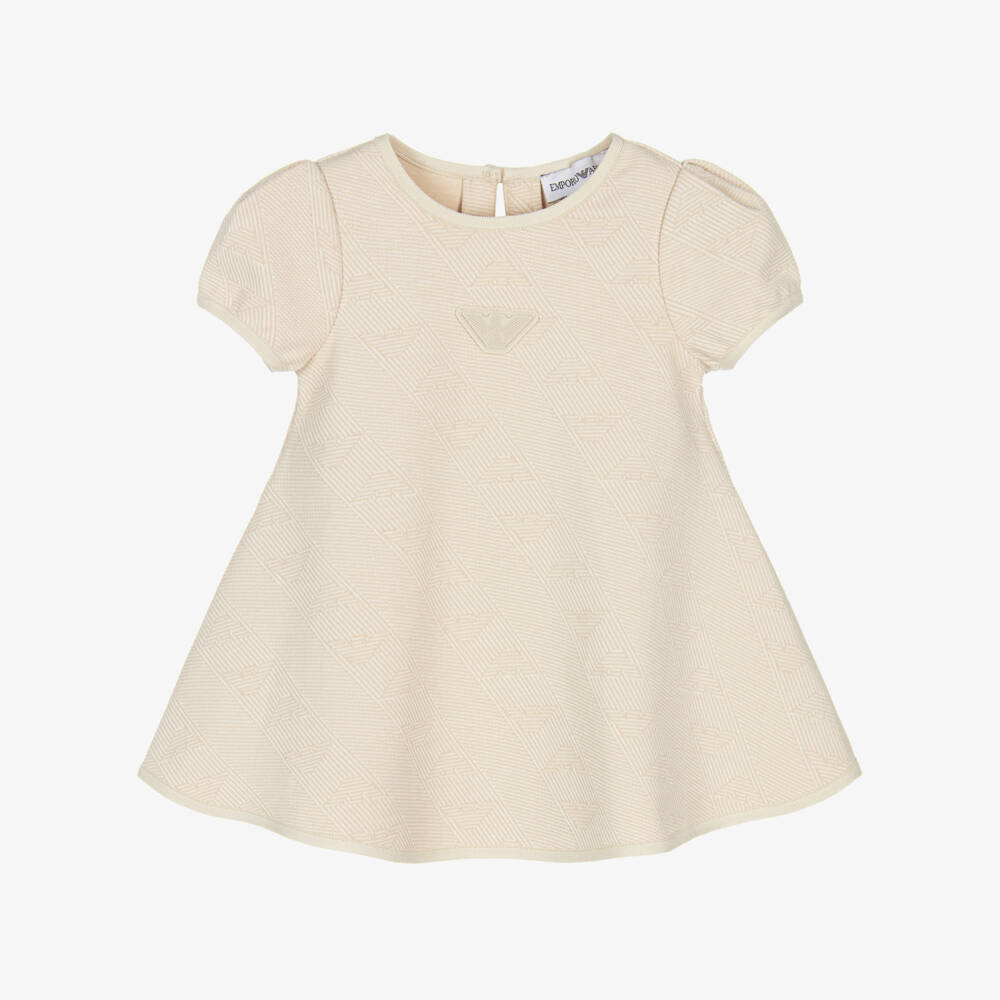 Emporio Armani-Girls Beige Eagle Logo Jacquard Jersey Dress | Childrensalon