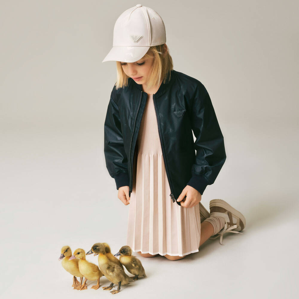Emporio Armani-Girls Beige Ribbed Knit & Pleated Dress | Childrensalon