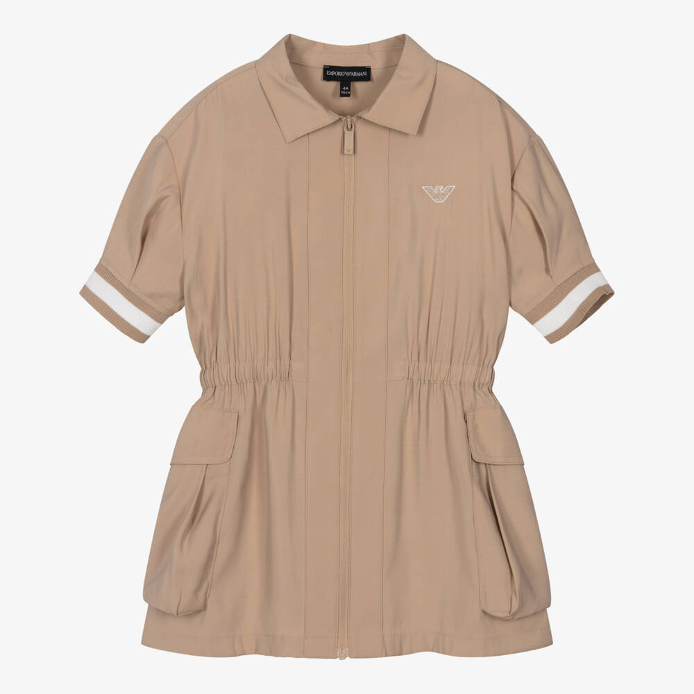 Emporio Armani-Girls Beige Zip-Up Dress with Embroidered Logos | Childrensalon