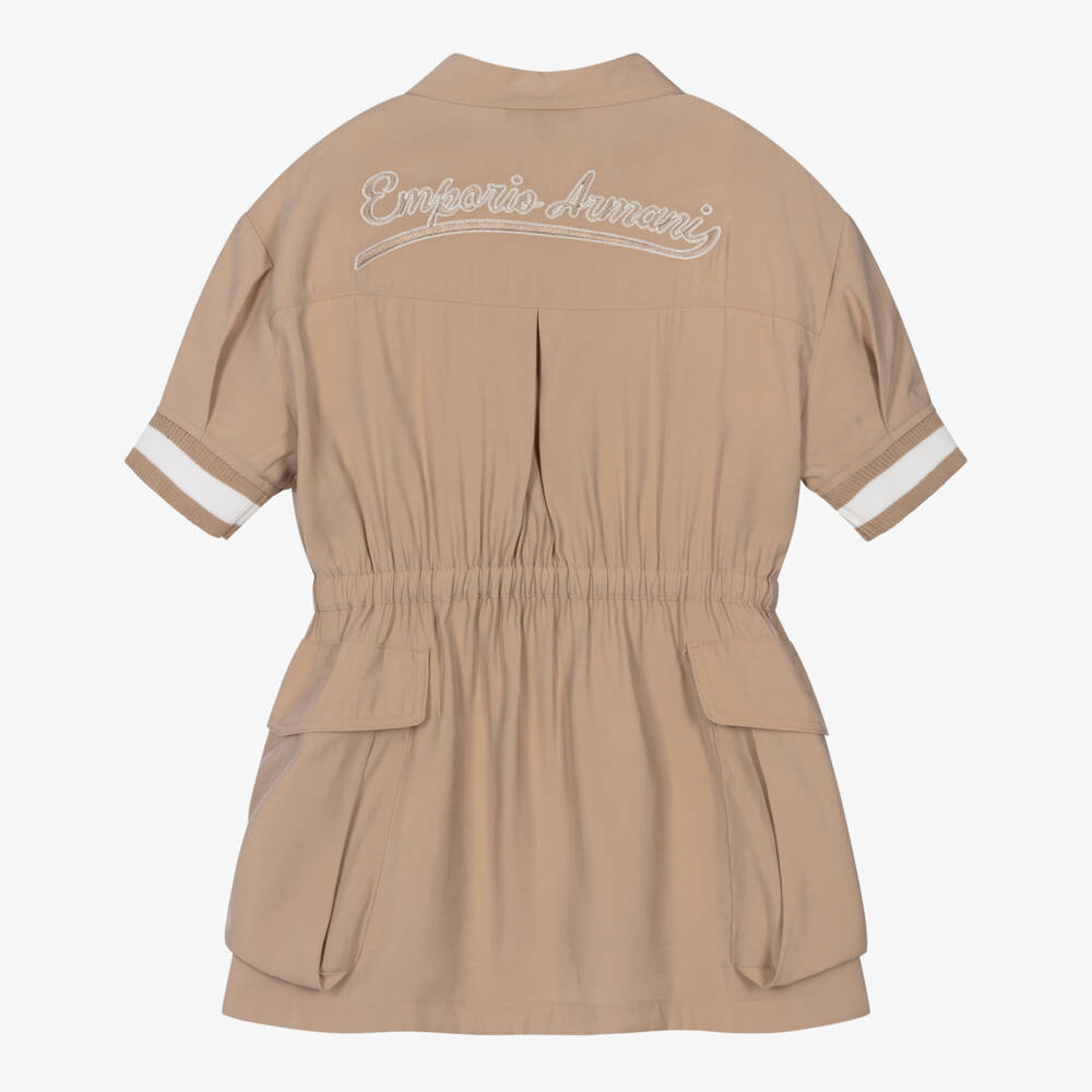 Emporio Armani-Girls Beige Zip-Up Dress with Embroidered Logos | Childrensalon