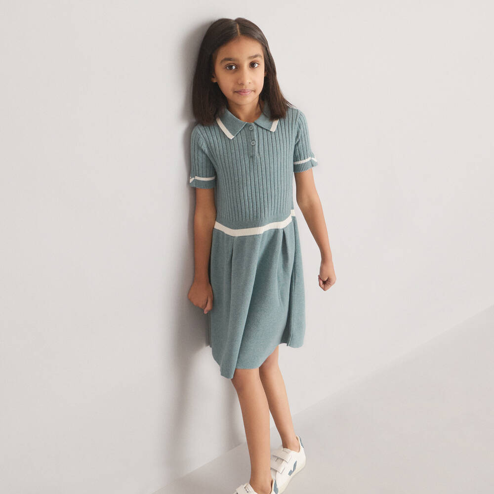 Emporio Armani-Girls Blue Wool & Cotton Ribbed Knit Dress | Childrensalon