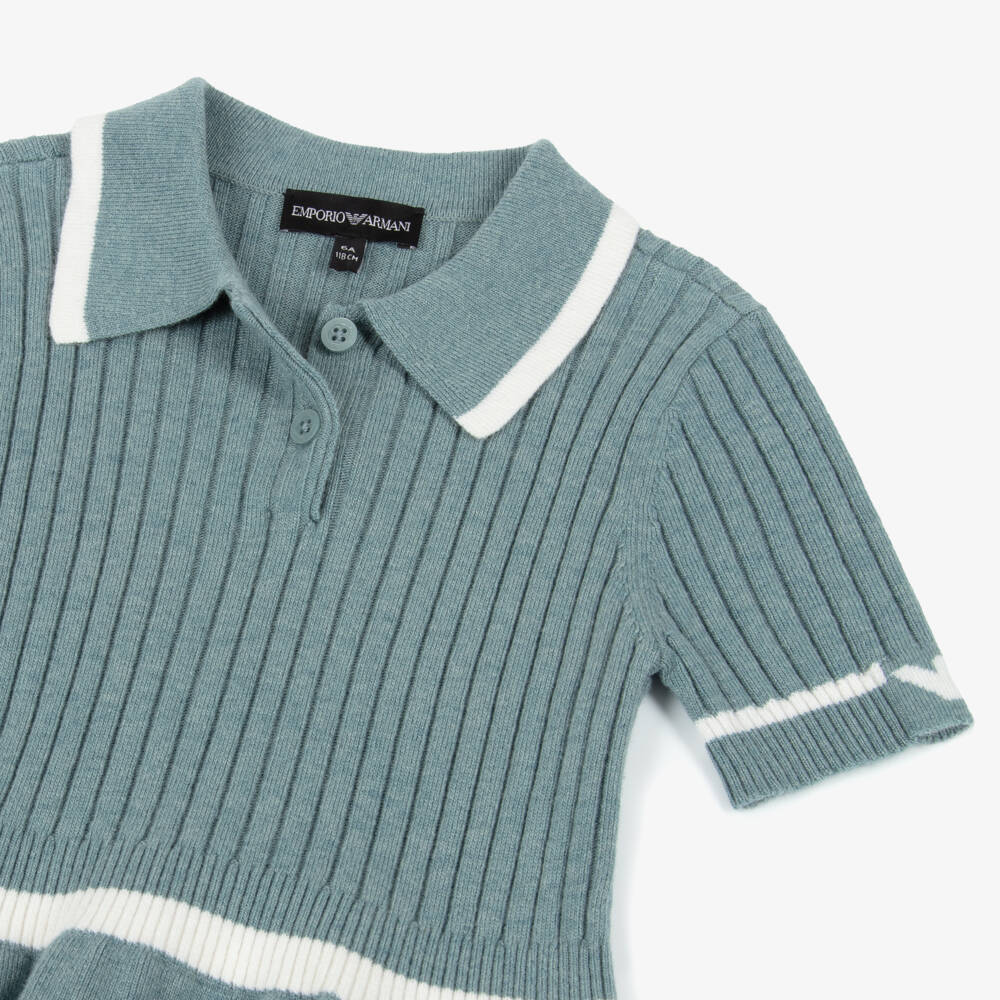 Emporio Armani-Girls Blue Wool & Cotton Ribbed Knit Dress | Childrensalon
