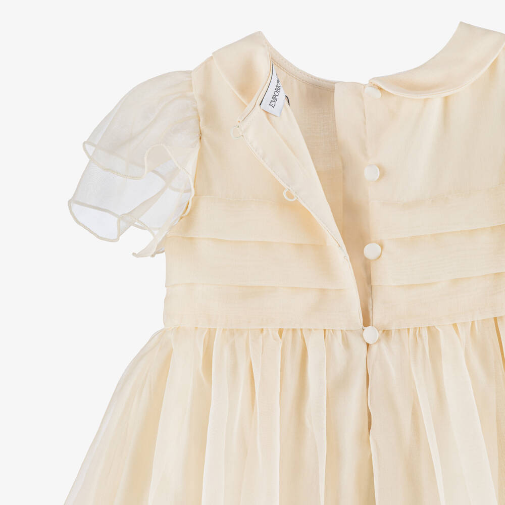 Emporio Armani-فستان حرير أورغانزا لون عاجي للبنات  | Childrensalon