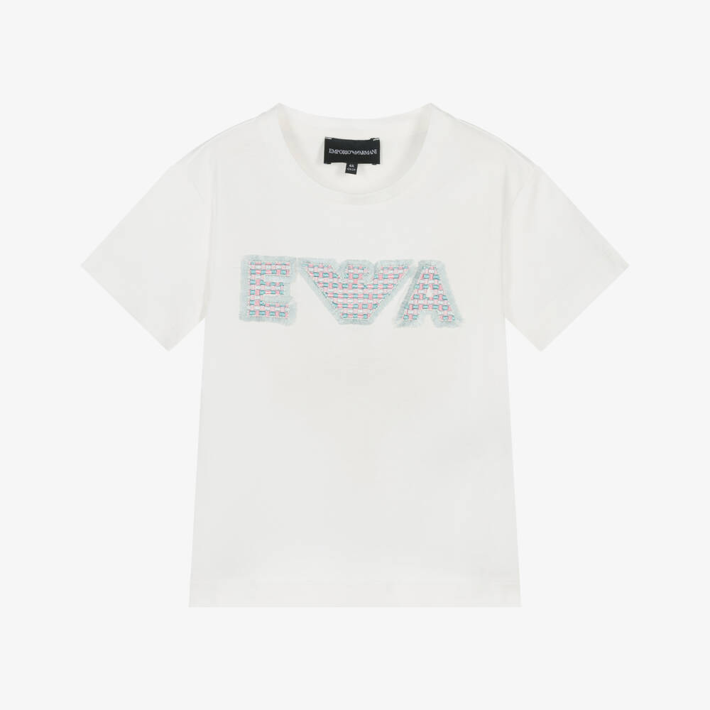 Emporio Armani-Girls Ivory Cotton T-Shirt with Embroidered & Frayed Eagle Logo | Childrensalon