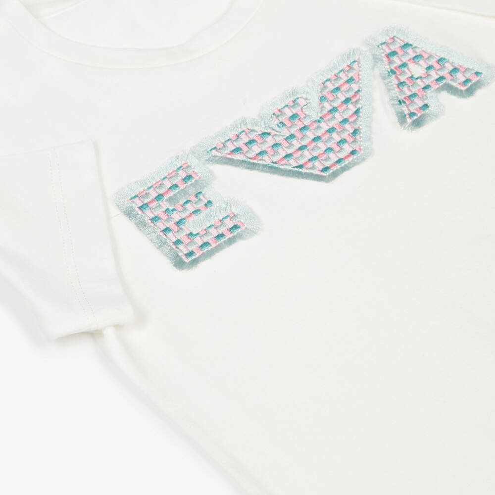 Emporio Armani-Girls Ivory Cotton T-Shirt with Embroidered & Frayed Eagle Logo | Childrensalon