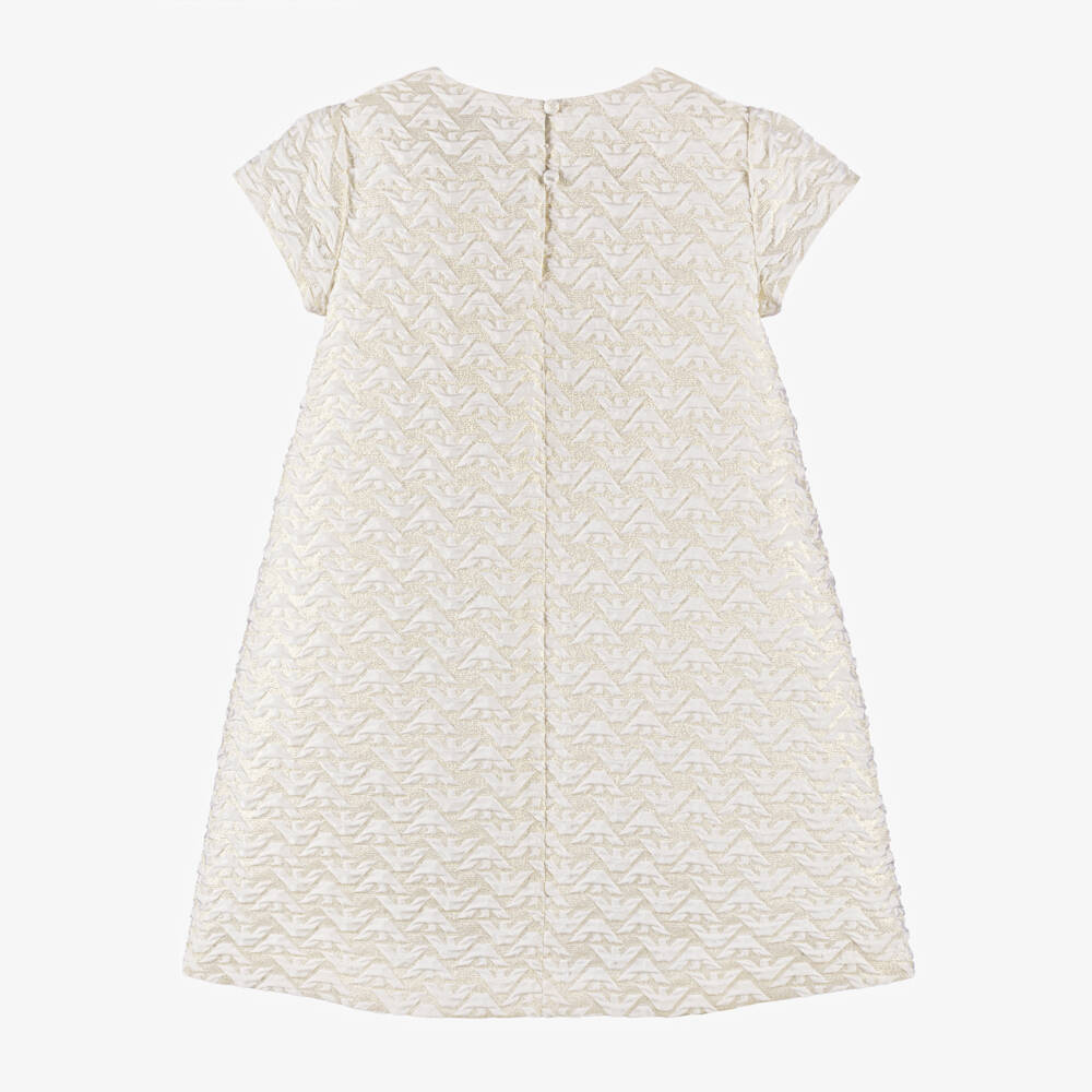 Emporio Armani-Girls Ivory & Gold Eagle Logo Dress with Bows | Childrensalon
