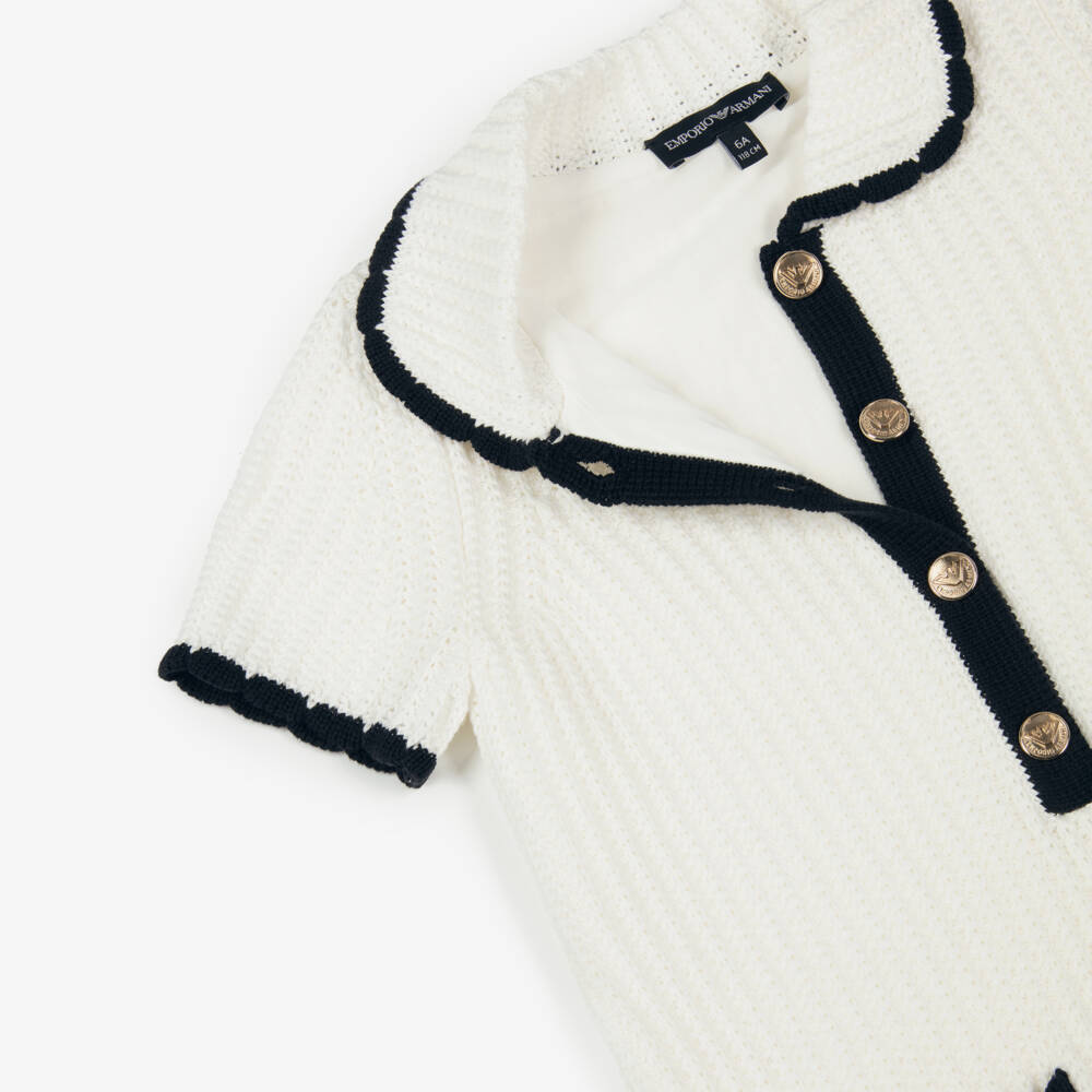 Emporio Armani-Girls Ivory Knitted Cotton Dress with Gold Buttons | Childrensalon