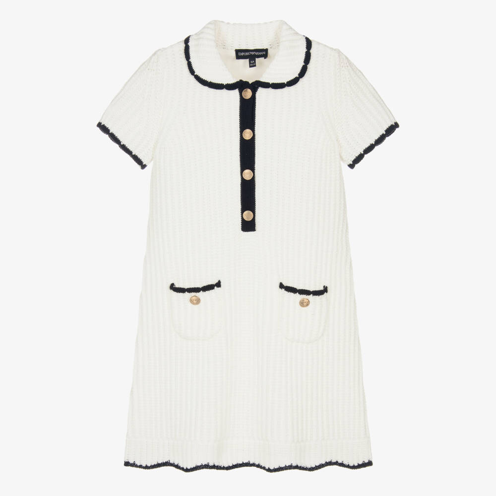 Emporio Armani-Girls Ivory Knitted Cotton Dress with Gold Buttons | Childrensalon