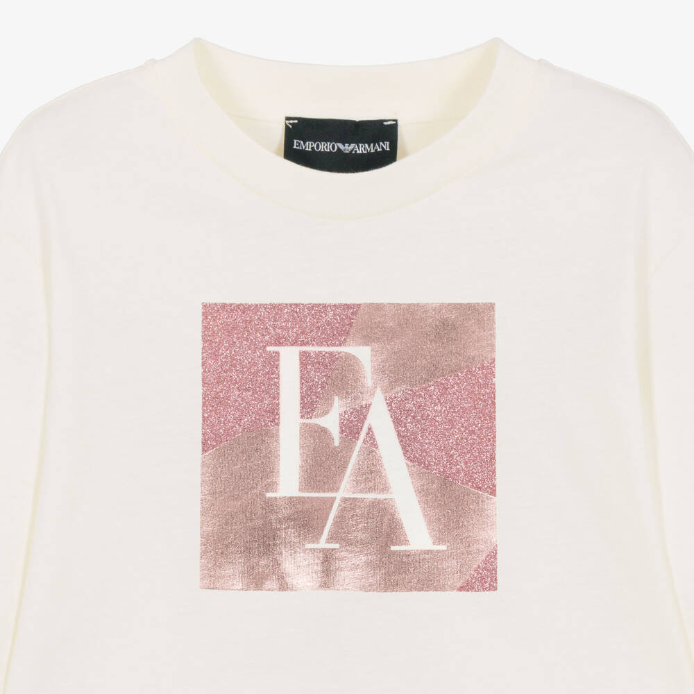 Emporio Armani-Girls Ivory Long Sleeve Cotton Top with Glitter Logo | Childrensalon