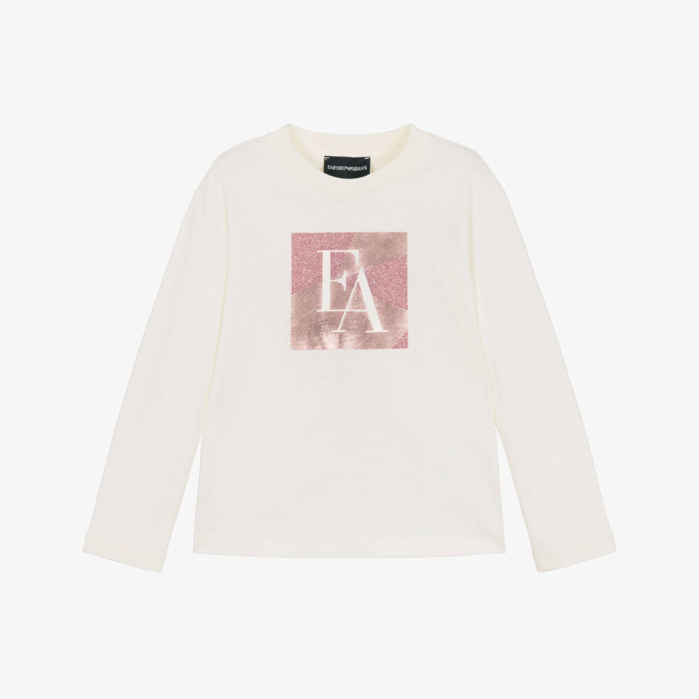 Emporio Armani-Girls Ivory Long Sleeve Cotton Top with Glitter Logo | Childrensalon