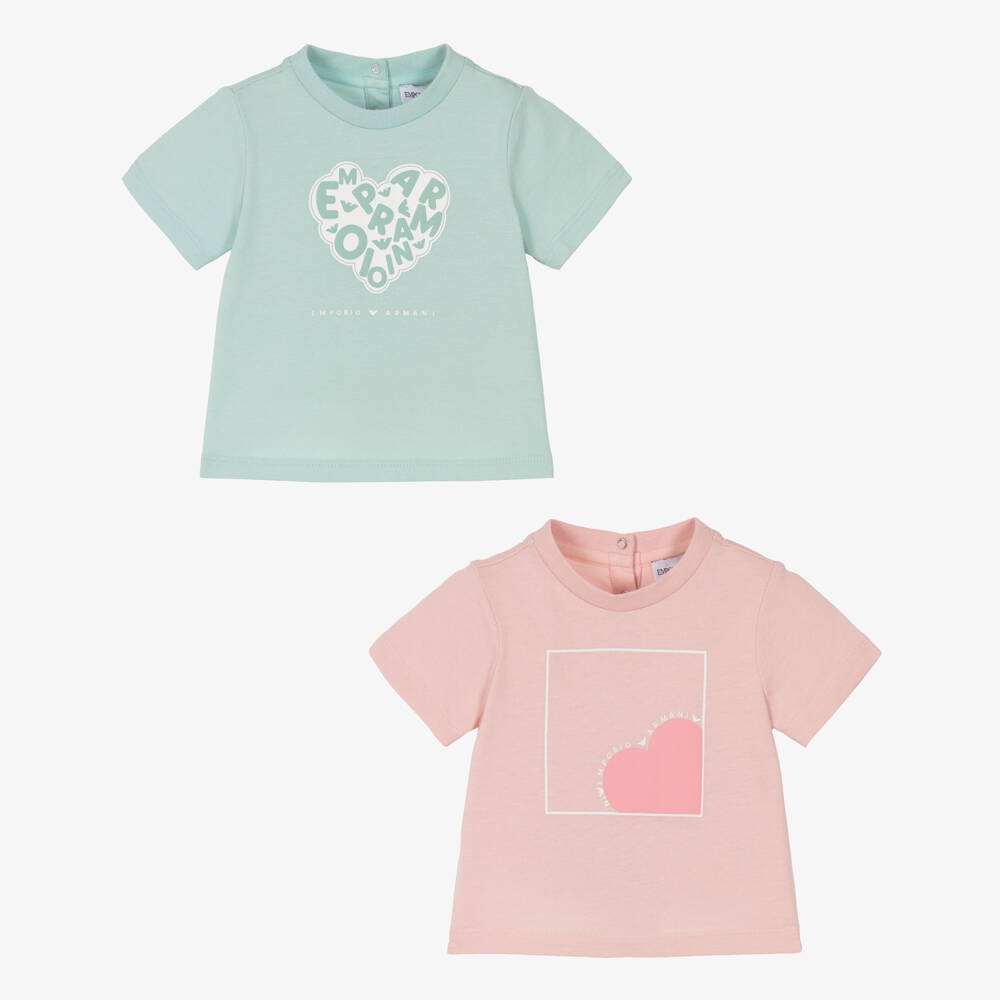 Emporio Armani-Girls Mint Green & Pink Cotton Jersey T-Shirts (2 Pack) | Childrensalon