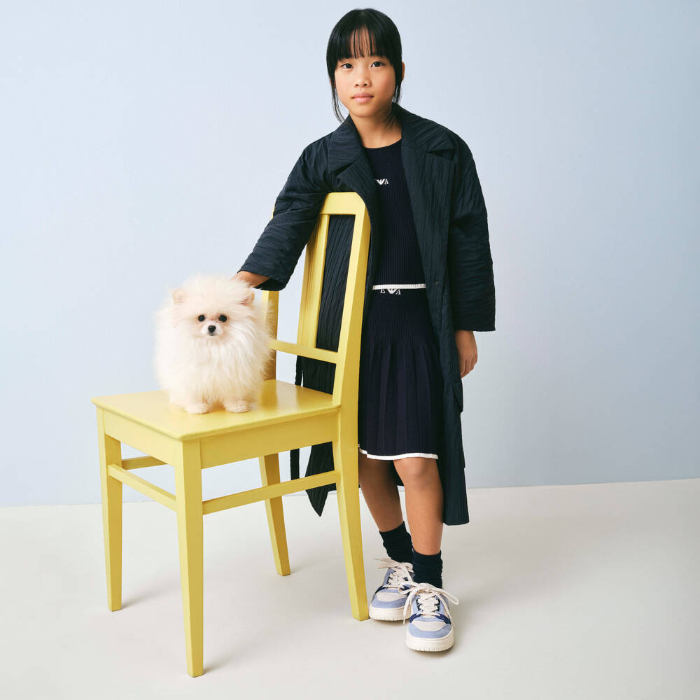 Emporio Armani-Girls Navy Blue Ribbed Knit Pleated Skirt Set | Childrensalon