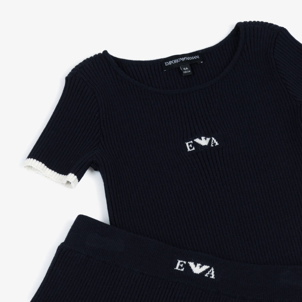 Emporio Armani-Girls Navy Blue Ribbed Knit Pleated Skirt Set | Childrensalon