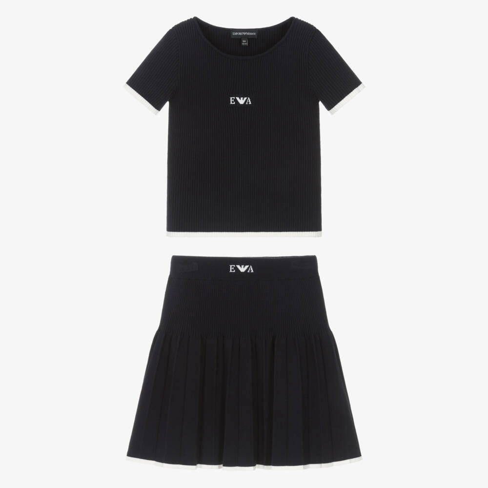 Emporio Armani-Girls Navy Blue Ribbed Knit Pleated Skirt Set | Childrensalon
