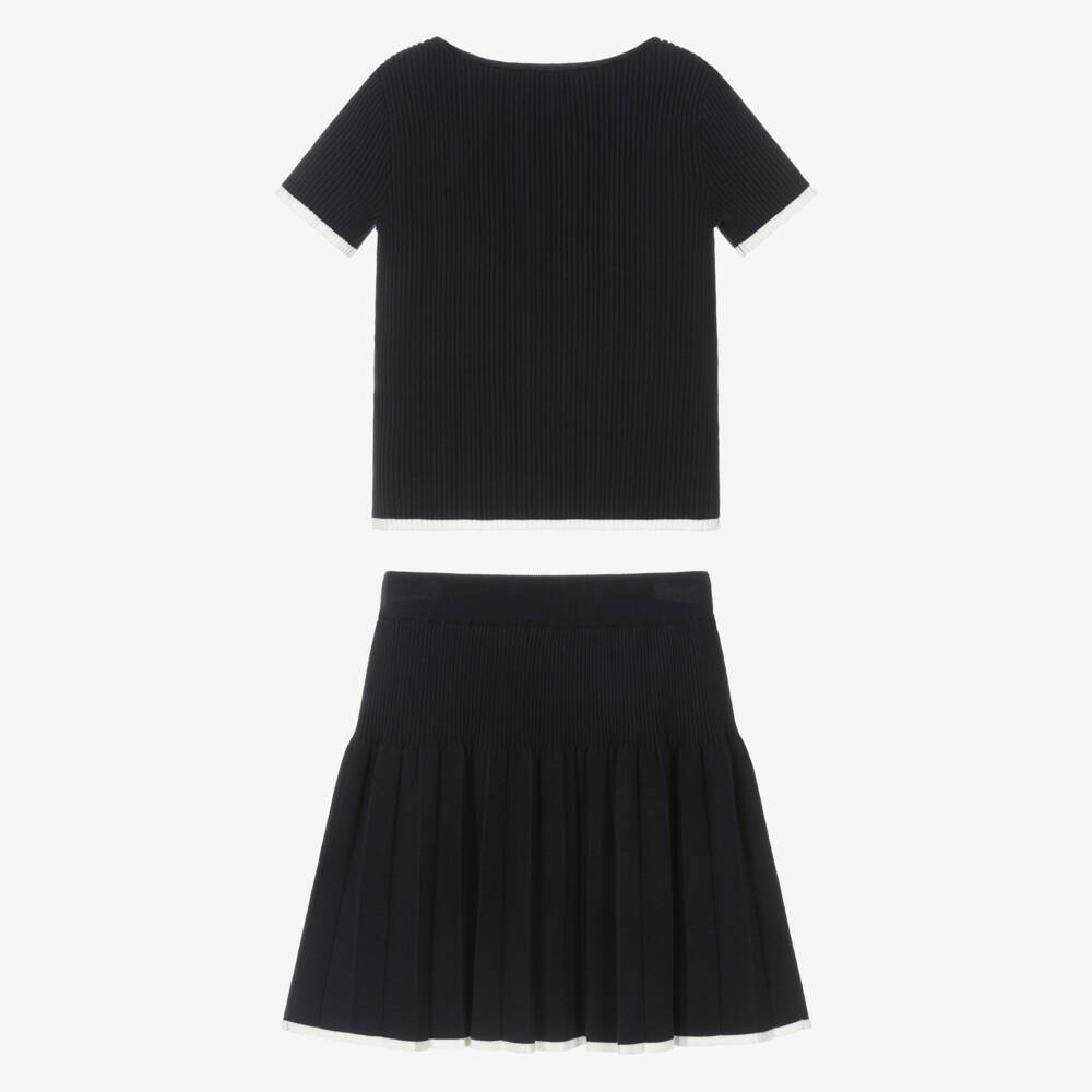Emporio Armani-Girls Navy Blue Ribbed Knit Pleated Skirt Set | Childrensalon