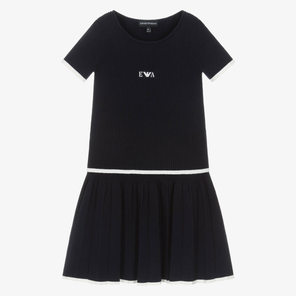Emporio Armani-Girls Navy Blue Ribbed Knit Pleated Skirt Set | Childrensalon