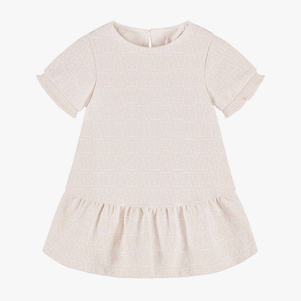 Emporio Armani-Girls Pale Beige Logo Jacquard Jersey Dress | Childrensalon