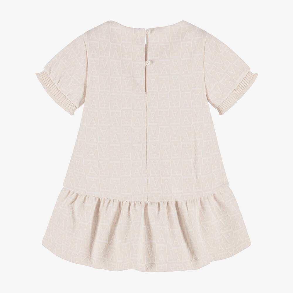 Emporio Armani-Girls Pale Beige Logo Jacquard Jersey Dress | Childrensalon