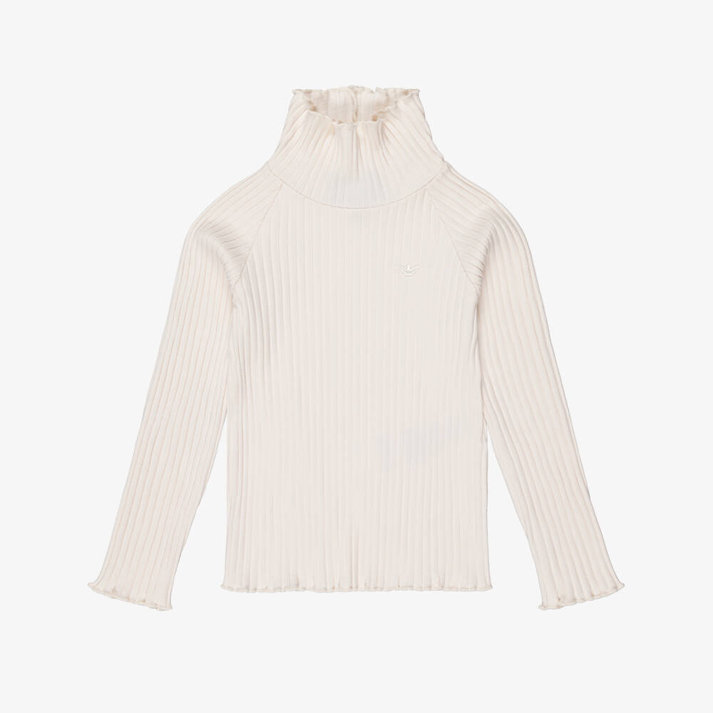 Emporio Armani-Girls Pale Beige Ribbed Cotton Roll Neck Top | Childrensalon