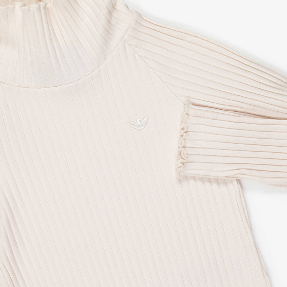 Emporio Armani-Girls Pale Beige Ribbed Cotton Roll Neck Top | Childrensalon