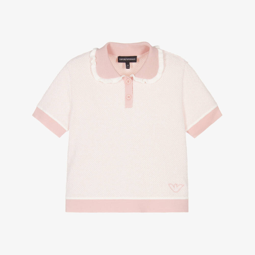Emporio Armani-Girls Pale Pink Knitted Short Sleeved Polo Shirt | Childrensalon