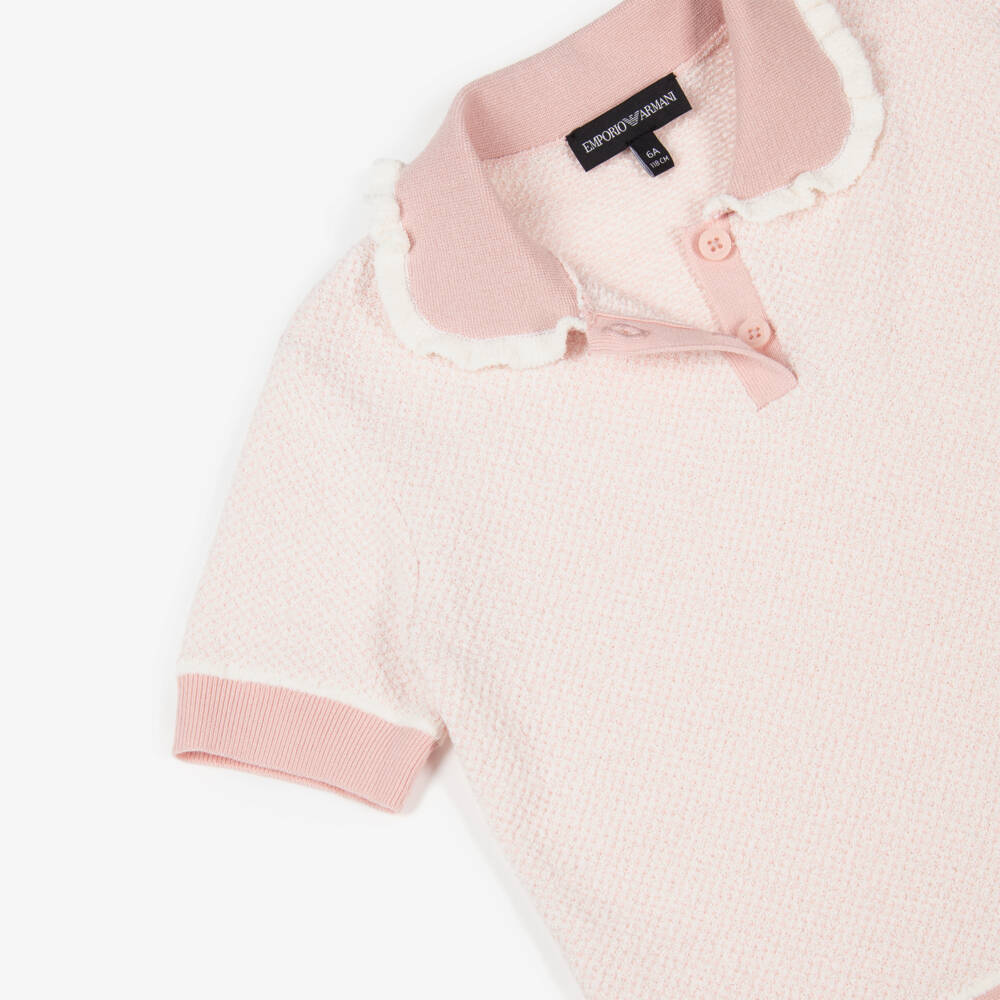 Emporio Armani-Girls Pale Pink Knitted Short Sleeved Polo Shirt | Childrensalon